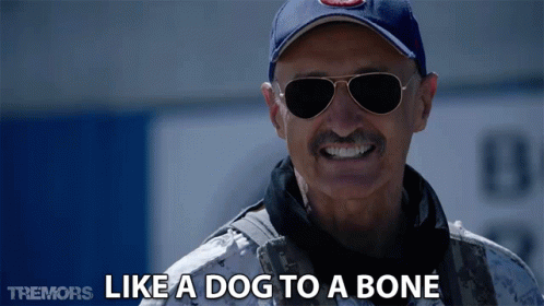 A Man Wearing Sunglasses And A Hat Is Smiling And Says " Like A Dog To A Bone " GIF