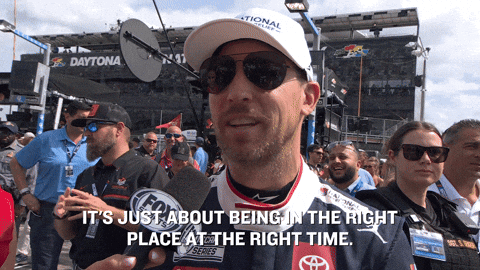 a man wearing sunglasses and a hat says it 's just about being in the right place at the right time ..