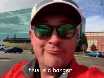 A Man Wearing Sunglasses And A Hat With The Words This Is A Banger Below Him GIF