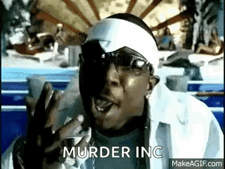 A Man Wearing Sunglasses And A Headband Is Making A Funny Face And Says `` Murder Inc '' . GIF