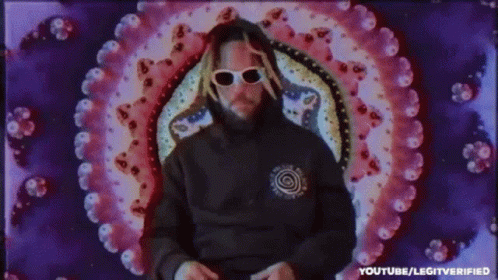 A Man Wearing Sunglasses And A Hoodie Is Standing In Front Of A Colorful Circle . GIF