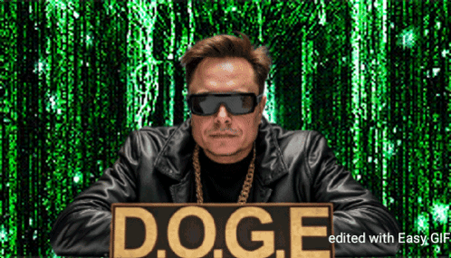 A Man Wearing Sunglasses And A Leather Jacket Holds A Sign That Says D.o.g.e. GIF