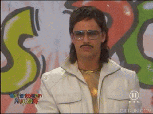 A Man Wearing Sunglasses And A Mullet Is Standing In Front Of A Wall That Says ' Bayern Hits ' On It GIF