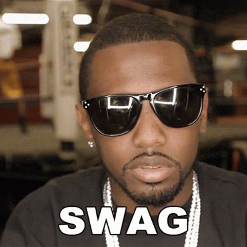 A Man Wearing Sunglasses And A Necklace Has The Word Swag Written On His Face GIF