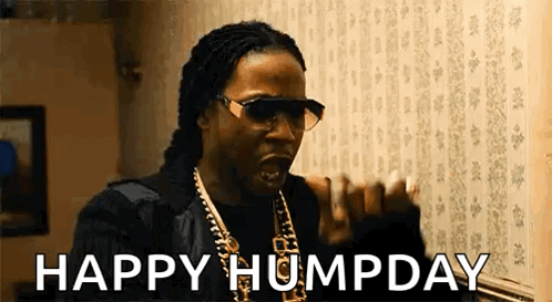 A Man Wearing Sunglasses And A Necklace Is Making A Funny Face And Saying `` Happy Humpday '' . GIF