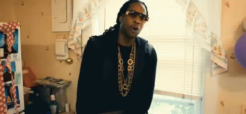 A Man Wearing Sunglasses And A Necklace Is Standing In A Room . GIF