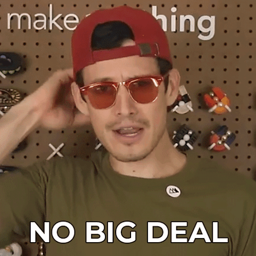 A Man Wearing Sunglasses And A Red Hat Has The Words No Big Deal On His Shirt GIF