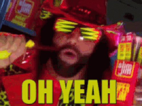 A Man Wearing Sunglasses And A Red Hat Is Holding A Bag Of Chips And Says Oh Yeah GIF