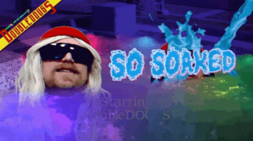A Man Wearing Sunglasses And A Red Hat With The Words So Soaked In Blue Letters GIF