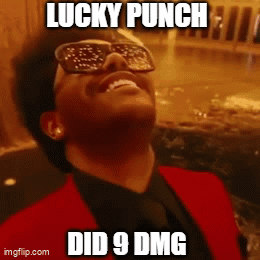 A Man Wearing Sunglasses And A Red Jacket With The Words Lucky Punch Did 9 Dmg Written On It GIF
