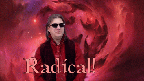 A Man Wearing Sunglasses And A Red Shirt Stands In Front Of A Red Background That Says Radical GIF