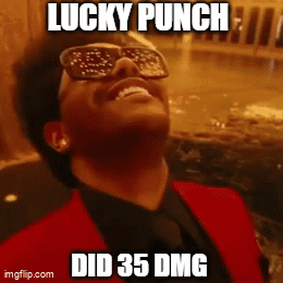 A Man Wearing Sunglasses And A Red Suit Says Lucky Punch Did 35 Dmg .. GIF