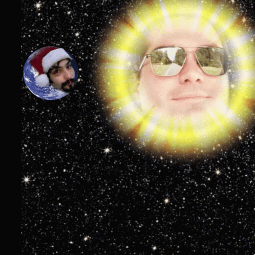 A Man Wearing Sunglasses And A Santa Hat Is Reflected In A Sun GIF