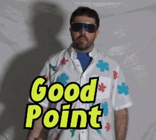 A Man Wearing Sunglasses And A Shirt That Says Good Point On It GIF