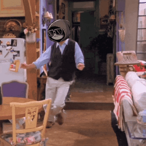 A Man Wearing Sunglasses And A Vest Is Running In A Room GIF