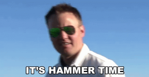 A Man Wearing Sunglasses And A White Shirt Says " It 'S Hammer Time " GIF