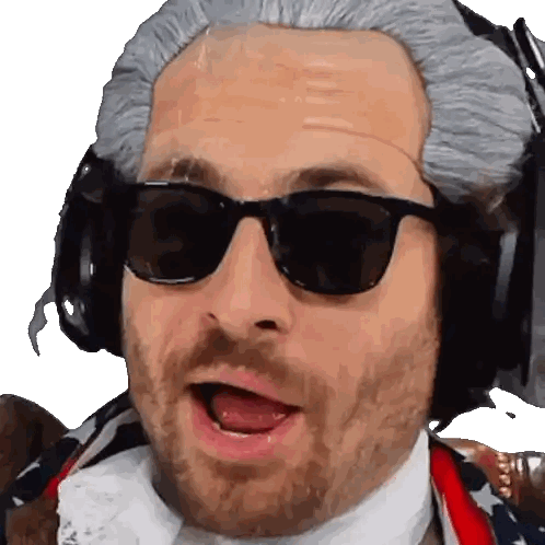 a man wearing sunglasses and a wig is singing