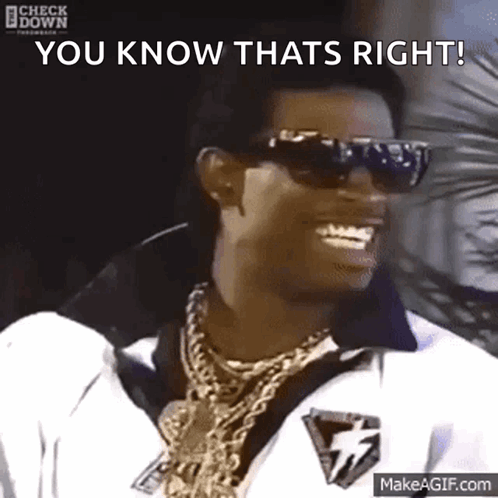 A Man Wearing Sunglasses And Gold Chains Is Smiling And Saying You Know That 'S Right ! GIF