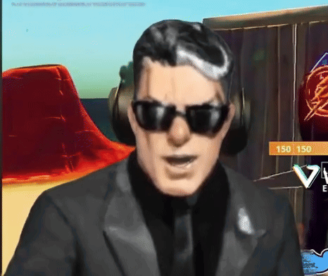 A Man Wearing Sunglasses And Headphones Stands In Front Of A Sign That Says 150/150 GIF