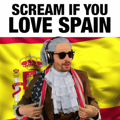 A Man Wearing Sunglasses And Headphones Stands In Front Of A Spanish Flag With The Words Scream If You Love Spain GIF