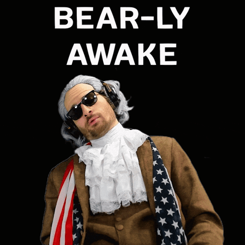 A Man Wearing Sunglasses And Headphones With The Words Bear-Ly Awake Behind Him GIF