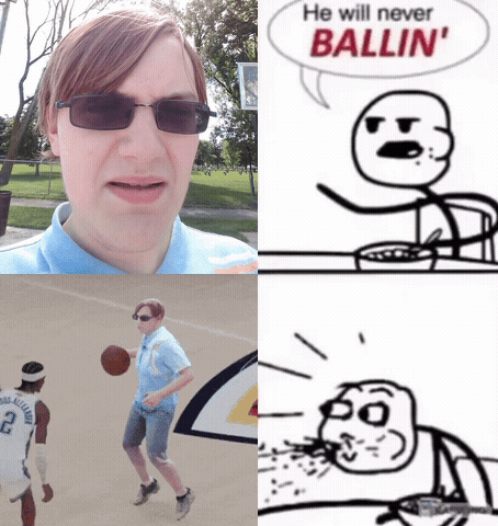 a man wearing sunglasses has a speech bubble that says " he will never ballin ' "