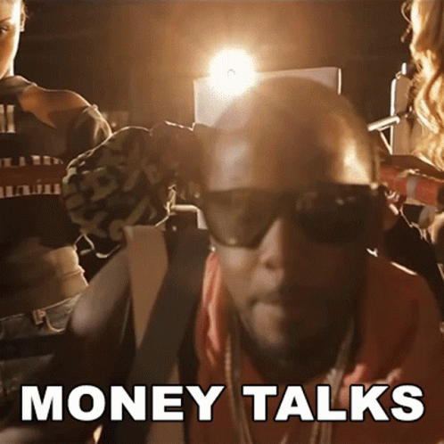 A Man Wearing Sunglasses Has The Word Money Talks Written On His Face GIF