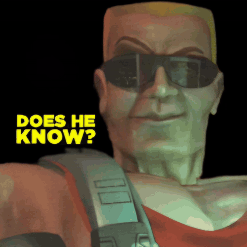 A Man Wearing Sunglasses Has The Words " Does He Know " Above His Head GIF