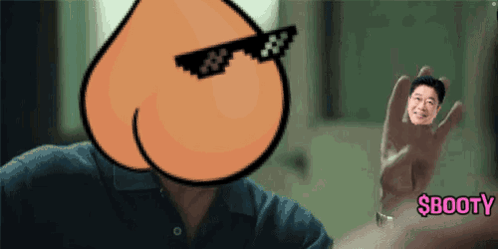 A Man Wearing Sunglasses Holds A Picture Of A Man 'S Butt In His Hand With The Word Booty In Pink GIF