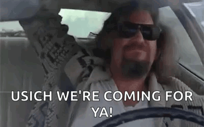 A Man Wearing Sunglasses Is Driving A Car And Saying `` Usich We 'Re Coming For Ya! '' GIF