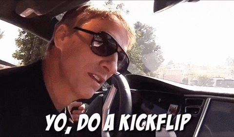 A Man Wearing Sunglasses Is Driving A Car And Says " Yo Do A Kickflip " GIF