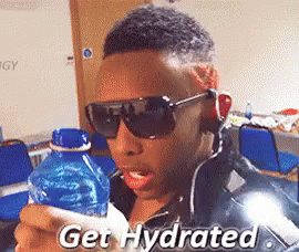 a man wearing sunglasses is holding a bottle of water with the words get hydrated written on it