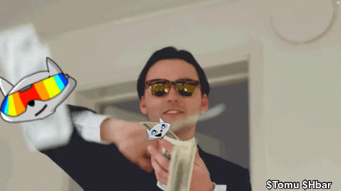 A Man Wearing Sunglasses Is Holding A Bunch Of Money And A Cartoon Cat Is Behind Him GIF