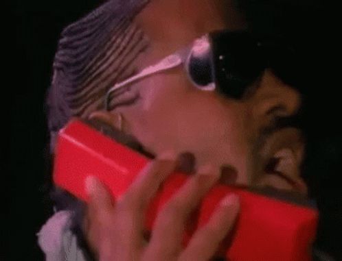 A Man Wearing Sunglasses Is Holding A Red Cell Phone To His Face . GIF