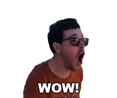 a man wearing sunglasses is making a surprised face and the word wow is on the bottom