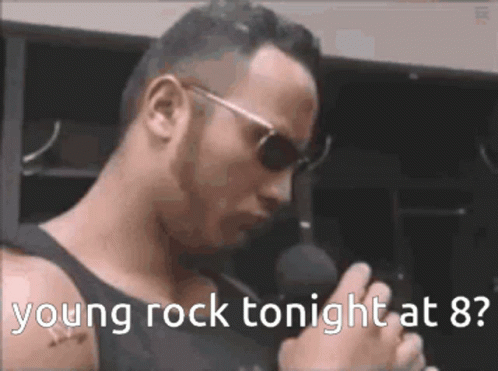 A Man Wearing Sunglasses Is Singing Into A Microphone And Says Young Rock Tonight At 8 . GIF