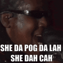 A Man Wearing Sunglasses Is Singing Into A Microphone With The Words She Da Pog Da Lah She Dah Cah . GIF