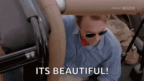 A Man Wearing Sunglasses Is Sitting In A Car With The Words `` It 'S Beautiful '' Written On The Screen . GIF