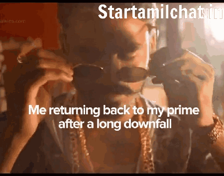 a man wearing sunglasses is smoking a cigarette and says me returning back to my prime after a long downfall .