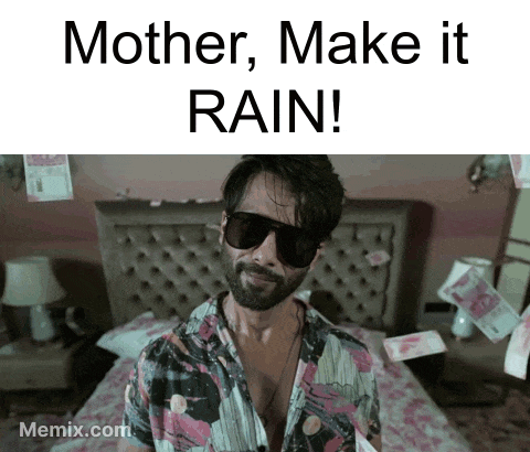 A Man Wearing Sunglasses Is Standing In Front Of A Bed With The Words Mother Make It Rain Written Above Him GIF