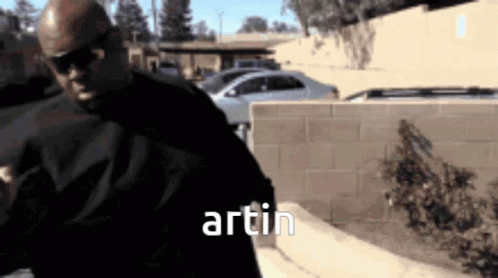 A Man Wearing Sunglasses Is Standing In Front Of A Brick Wall And The Word Artin Is On The Bottom GIF