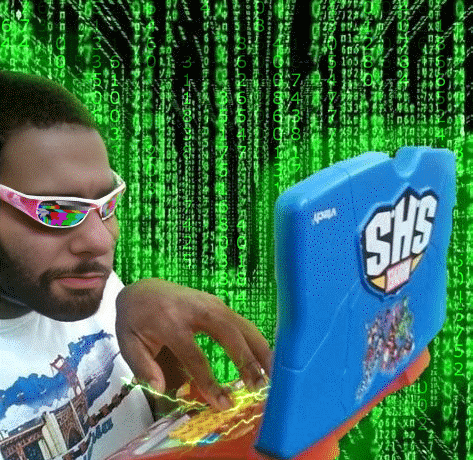 A Man Wearing Sunglasses Is Typing On A Blue Shs Laptop GIF