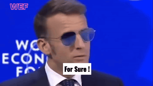 A Man Wearing Sunglasses Says " For Sure " In Front Of A Blue Background That Says Wef GIF