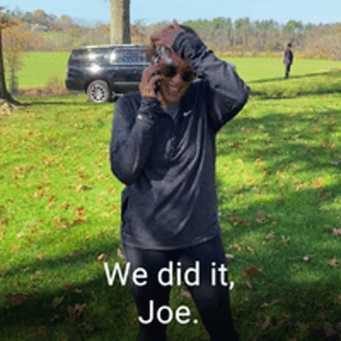 A Man Wearing Sunglasses Talking On A Cell Phone With The Words We Did It Joe On The Bottom GIF