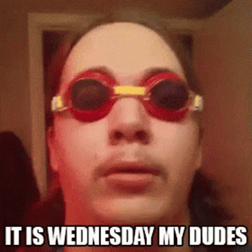 A Man Wearing Swimming Goggles With The Words It Is Wednesday My Dudes Below Him GIF