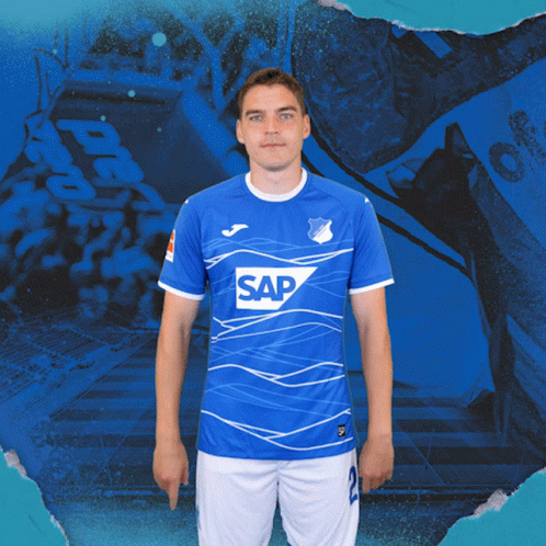 A Man Wears A Blue Shirt With The Word Sap On It GIF
