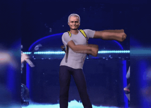 A Man With A Backpack Is Dancing In Front Of A Blue Background GIF
