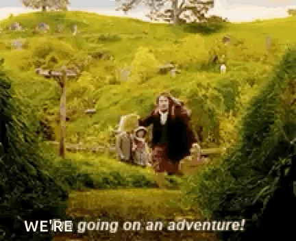 A Man With A Backpack Is Walking Through A Field With The Words `` We 'Re Going On An Adventure '' Above Him . GIF