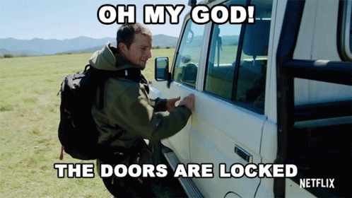 A Man With A Backpack Tries To Open The Door Of A Vehicle With The Caption Oh My God The Doors Are Locked Netflix GIF
