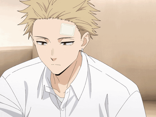 A Man With A Bandage On His Forehead Looks To His Left GIF
